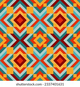 Bright seamless pixel pattern in Mexican style. Vivid tribal geometric triangles and squares ornament. Aztec rug background.