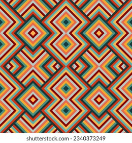 Bright seamless pixel pattern in Mexican style. Vivid tribal geometric triangles and squares ornament. Aztec rug background.