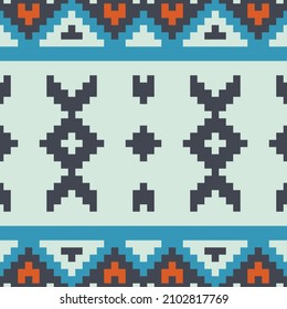 Bright seamless pixel patterns in Aztec tribal style, geometric triangles and chevron patterns. Indian Aztec fabric carpet ornament native boho chevron textile. Geometric African American oriental. 