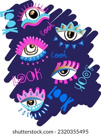 Bright seamless print with colorful eyes. Print for t-shirt and others design. Wallpaper for teenager girls. Women's fashion style