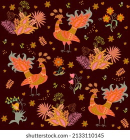 Bright seamless print for fabric with fabulous peacocks, leaves and tropical leaves isolated on black background in vector.
