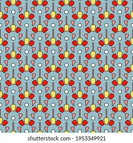 Bright seamless print of large abstract elements in scarlet, yellow and pink colors, gray background. Great for decorating fabrics, textiles, gift wrapping, printed matter, interiors, advertising.