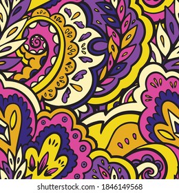 Patrón psicodélico brillante sin fisuras con elementos vegetales y florales.