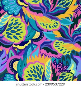 Bright seamless psychedelic pattern with vivid abstract colorful elements.