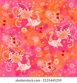 Bright seamless romantic pattern with flowers, leaves, butterflies, fairy peacocks in pink, orange, strawberry, bubblegum, punch, rose color scheme in vector. Handkerchief, napkin, pillowcase, shawl.
