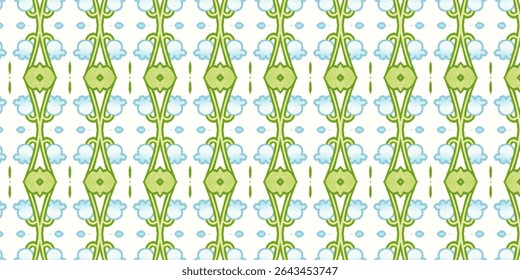Bright seamless sky-themed pattern with clouds and green art deco shapes on a white background.