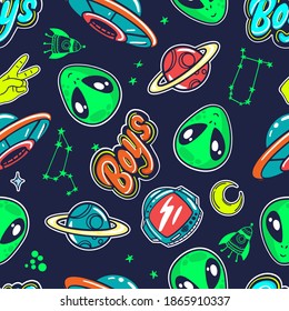 
Bright Seamless Space Sticker Pattern For Boys, Teenagers, Fashion Textile, Clothes, Wrapping Paper. Repeated Print With  Space 
