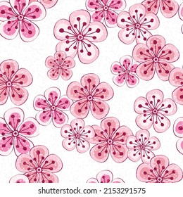 Bright seamless spring pattern with cherry flowers on a transparent background with small polka dots. Vector eps 10