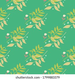 Bright seamless spring pattern with floral ornament. Forest brunch bouquets in green and yellow tones on turquoise background. Designed for wallpaper, textile, wrapping, fabric. Vector illustration