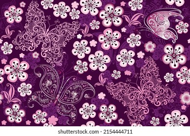 Un brillante patrón de primavera sin costuras con mariposas de encaje y flores de cerezo sobre un fondo morado oscuro. Vector eps 10