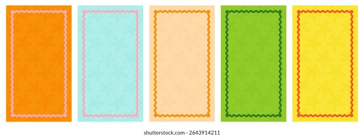 Bright seamless summer backgrounds with decorative frame and starfish pattern. Perfect for social media templates, digital scrapbooking and tropical design projects.