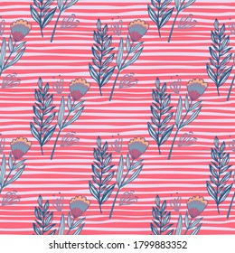 Bright seamless summer pattern with forest ornament. Floral bouquet in blue color on red stripped background. Great for wallpaper, textile, wrapping paper, fabric print. Vector illustration.