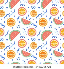A bright seamless summer pattern with hand-drawn citrus fruits, watermelon and doodles in a nautical style. Fashionable vector illustration print for clothes, wrapping paper, summer outfits.