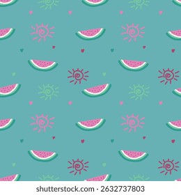 Bright seamless summer pattern on turquoise with watermelon slices, hearts, and sun doodles — refreshing vector for seasonal textiles and wrapping.