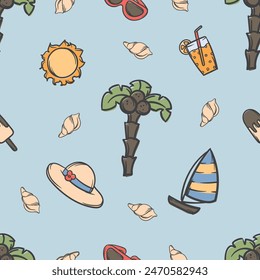 Bright seamless summer pattern with palm tree, sailboat and hat. Vector editable background for gift paper.