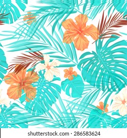 Bright seamless summer pattern with palm tree leaves and hibiscus flowers, slight overlay effect