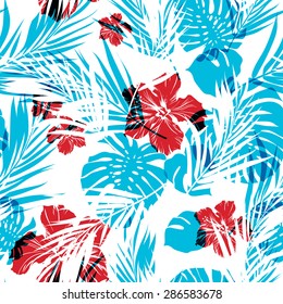 Bright seamless summer pattern with palm tree leaves and hibiscus flowers, cyan and magenta overlay effect, neo camouflage effect