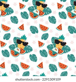 Bright seamless summer pattern of pineapple in sunglasses, watermelon slices and cocktail with mint