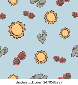 Bright seamless summer pattern with sun, sunglasses and flip flops. Vector editable background for gift paper.