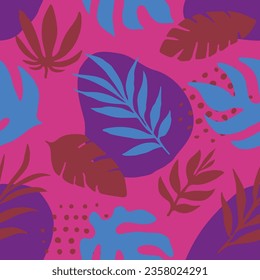 Bright Seamless Summer Trendy Leaves Design. Hippie Continuous Contemporary Palm Decor, Seamless Art. Purple Repetitive Decoration Vintage Fabrics Vector. 