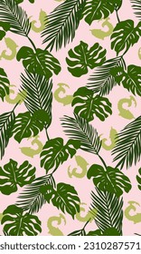 Helles, nahtloses tropisches Muster mit Palmblättern und Monstera auf rosafarbenem Hintergrund. Vektorgrafik.