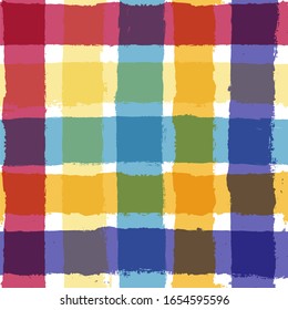 Bright seamless tartan pattern, lush print, checkered colorful paint brush strokes. Gingham, plaid. Geometric square background, texture for textile: shirts, tablecloth, clothes, dresses, blankets