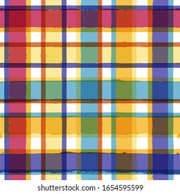 Bright seamless tartan pattern, lush print, checkered colorful paint brush strokes. Gingham, plaid. Geometric square background, texture for textile: shirts, tablecloth, clothes, dresses, blankets