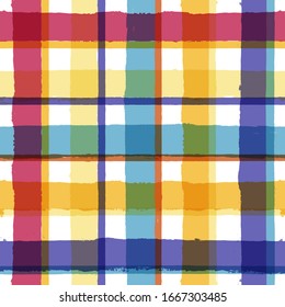 Bright seamless tartan pattern, lush print, checkered colorful paint brush strokes. Gingham, plaid. Geometric square background, texture for textile: shirts, tablecloth, clothes, dress, paper