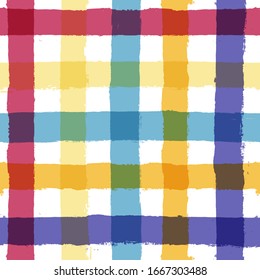 Bright seamless tartan pattern, lush print, checkered colorful paint brush strokes. Gingham, plaid. Geometric square background, texture for textile: shirts, tablecloth, clothes, dress, paper