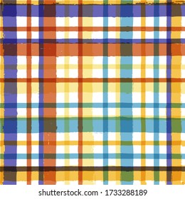 Bright seamless tartan pattern, lush print, checkered colorful paint brush strokes. Gingham, plaid. Geometric square background, texture for textile: shirts, tablecloth, clothes.
