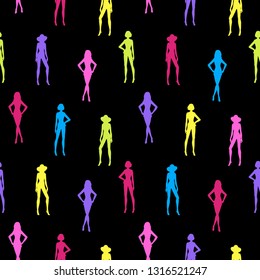 Bright seamless texture. Black background. Different colorful silhouettes of fashion models. Vector illustration