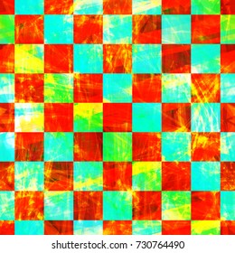 Bright seamless texture with chess pattern. Red, green, yellow colors. Abstract vector background for web page, banners, fabric, home decor, wrapping 