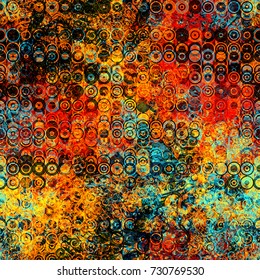Bright seamless texture with circles and decorative elements. Red, orange, blue, black colors. Abstract vector background for web page, fabric, home decor, wrapping 