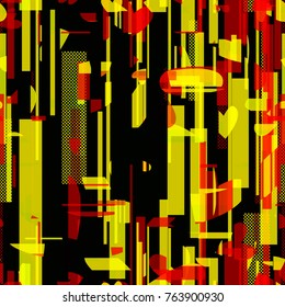 Bright seamless texture with dots, rectangles hearts. Red, yellow, black colors. Abstract vector background for web page, banners backdrop, fabric, home decor, wrapping, girls design