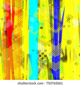 Bright seamless texture with dots, stripes, chevrons. Yellow, blue, red, black colors. Abstract vector background for web page, banners backdrop, fabric, home decor, wrapping, boys or girls design