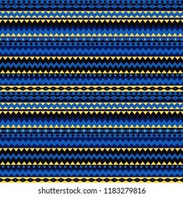 Bright seamless texture with geometric pattern. Geometric stripes in blue, yellow and black colors, vector