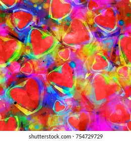 Bright seamless texture with hearts. Template for valentines day design. Watercolor effect. Abstract vector background for web page, banners backdrop, fabric, home decor, wrapping, greeting card