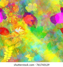 Bright seamless texture with leaves, decorative elements, stripes. Abstract vector background for web page, banners backdrop, fabric, home decor, wrapping