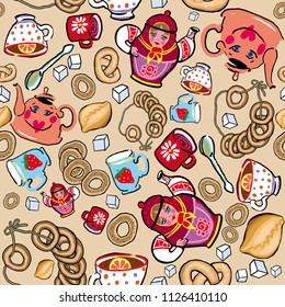 Bright seamless texture on a theme of Russian tea drinking, light background