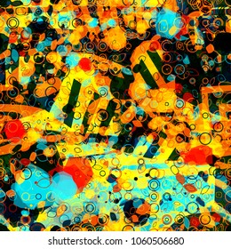 Bright seamless texture from spots, blots, decorative elements. Yellow, orange, black, blue, red colors. Abstract vector background for web page, banners backdrop, fabric, home decor, wrapping