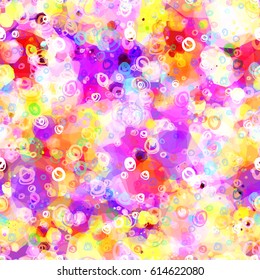 Bright seamless texture with spots from polygons, hand drawn scribbles. Chaotic background for fabric, wrapping, home decor. Yellow, purple, white, red, orange colors. Light pattern. Watercolor effect