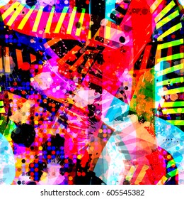 Bright seamless texture with spots and stripes. Abstract background for fabric, wrapping. Watercolor effect