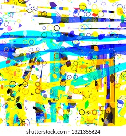 Bright seamless texture with strokes, circles, rings, and stylized leaves. Blue, white, yellow colors 