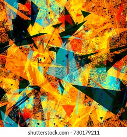 Bright seamless texture with triangles and decorative elements as mandala. Abstract vector background for web page, banners, fabric, home decor, wrapping 
