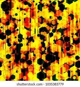 Bright seamless texture. Yellow, black, orange colors. Rectangles and hexagons. Dark and light geometric pattern.Abstract vector background for web page, banners backdrop, fabric, home decor, wrapping