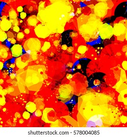 Bright seamless texture with yellow, red, orange and dark blue elements. Vector background for fabric, packaging design, home decor.