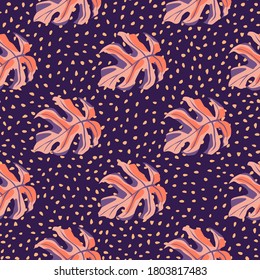 Luminoso patrón trópico sin fisuras con siluetas monsteras. Fondo púrpura con puntos y elementos botánicos rosados. Fondo decorativo para papel pintado, textil, envoltura, impresión de tela. Ilustración del vector