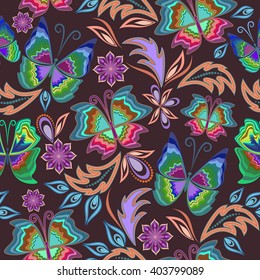 Bright seamless tropical pattern with butterflies and flowers. Vector background.
