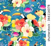 bright seamless tropical pattern with flowers and birds on a blue background