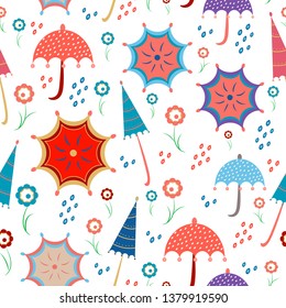bright seamless with umbrellas, flowers and spring rain with living coral colours. living coral bright seamless with showers, rain drops, umbrellas, decorative flowers. april showers surface pattern